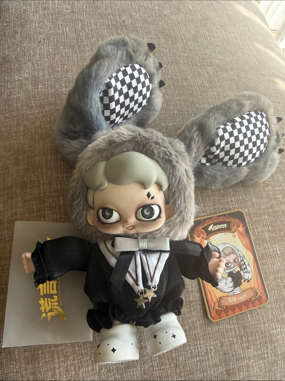 TAROOT Gray Plush-Eared Fashion Doll with Checkerboard Accents